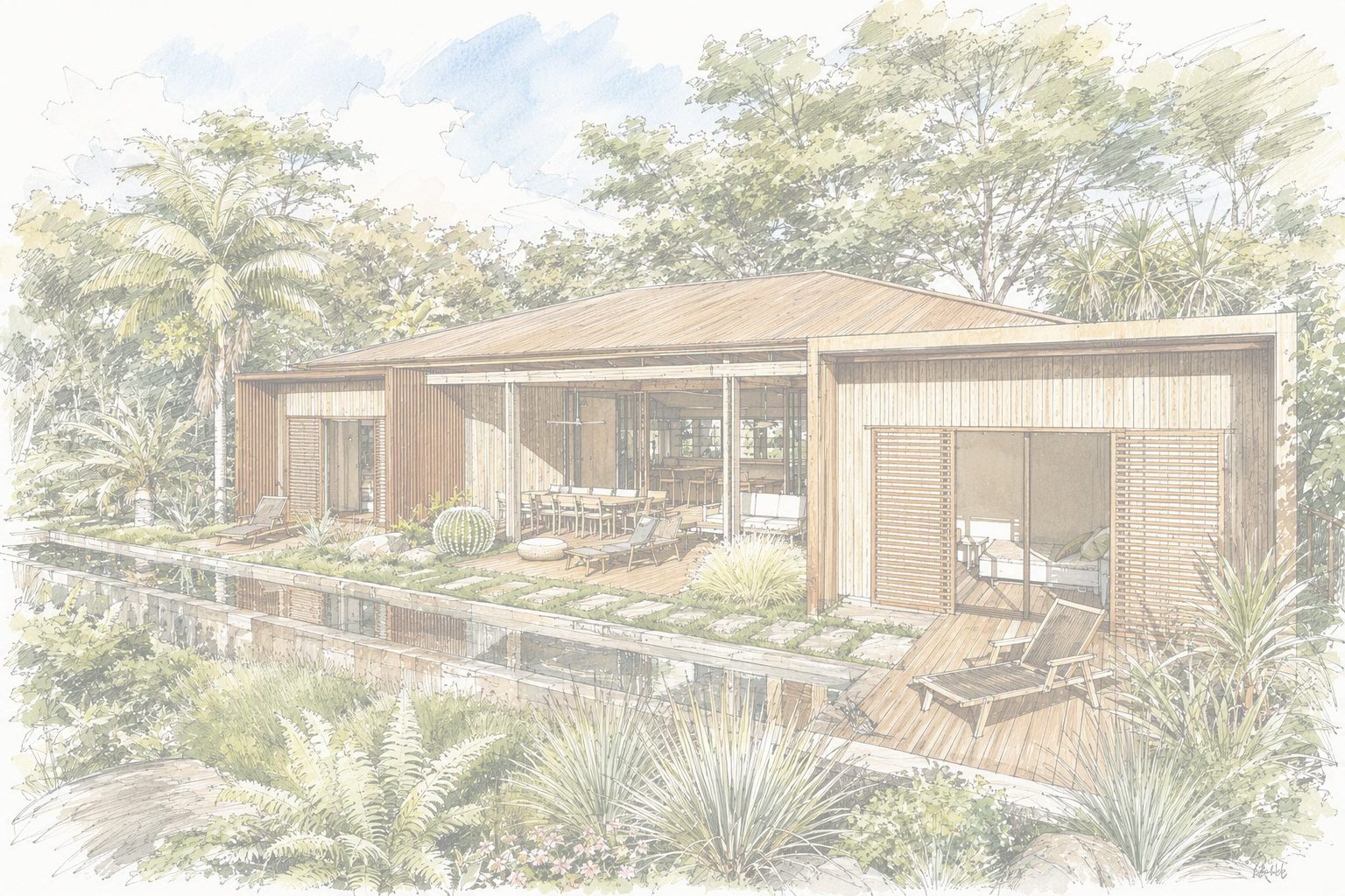 Terrasse ombragée d'une villa en bois donnant sur un bassin miroir, entourée de végétation tropicale